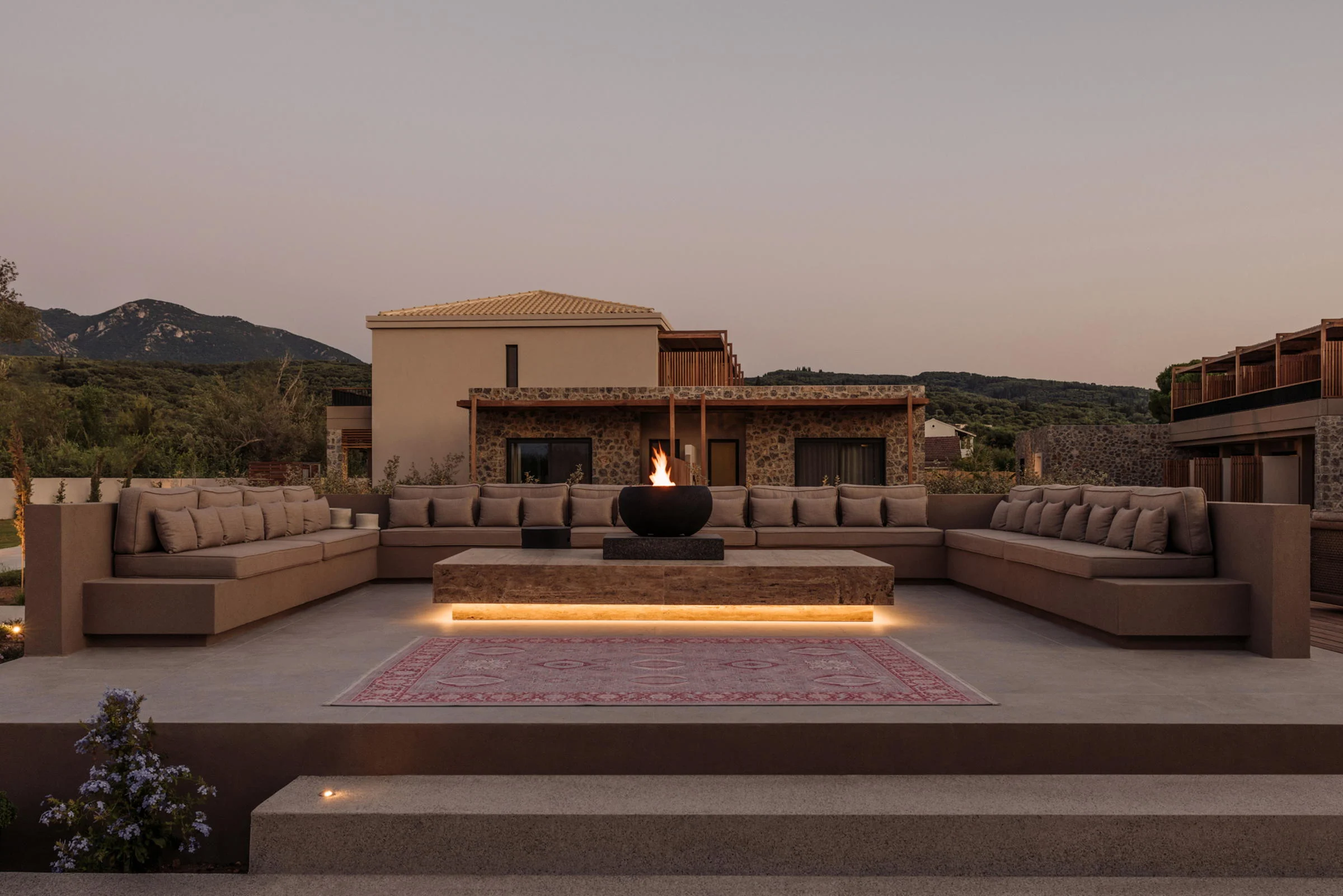 The firepit lounge as evening falls